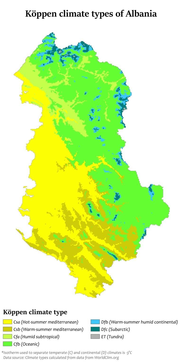 mapa Albánie klimatu