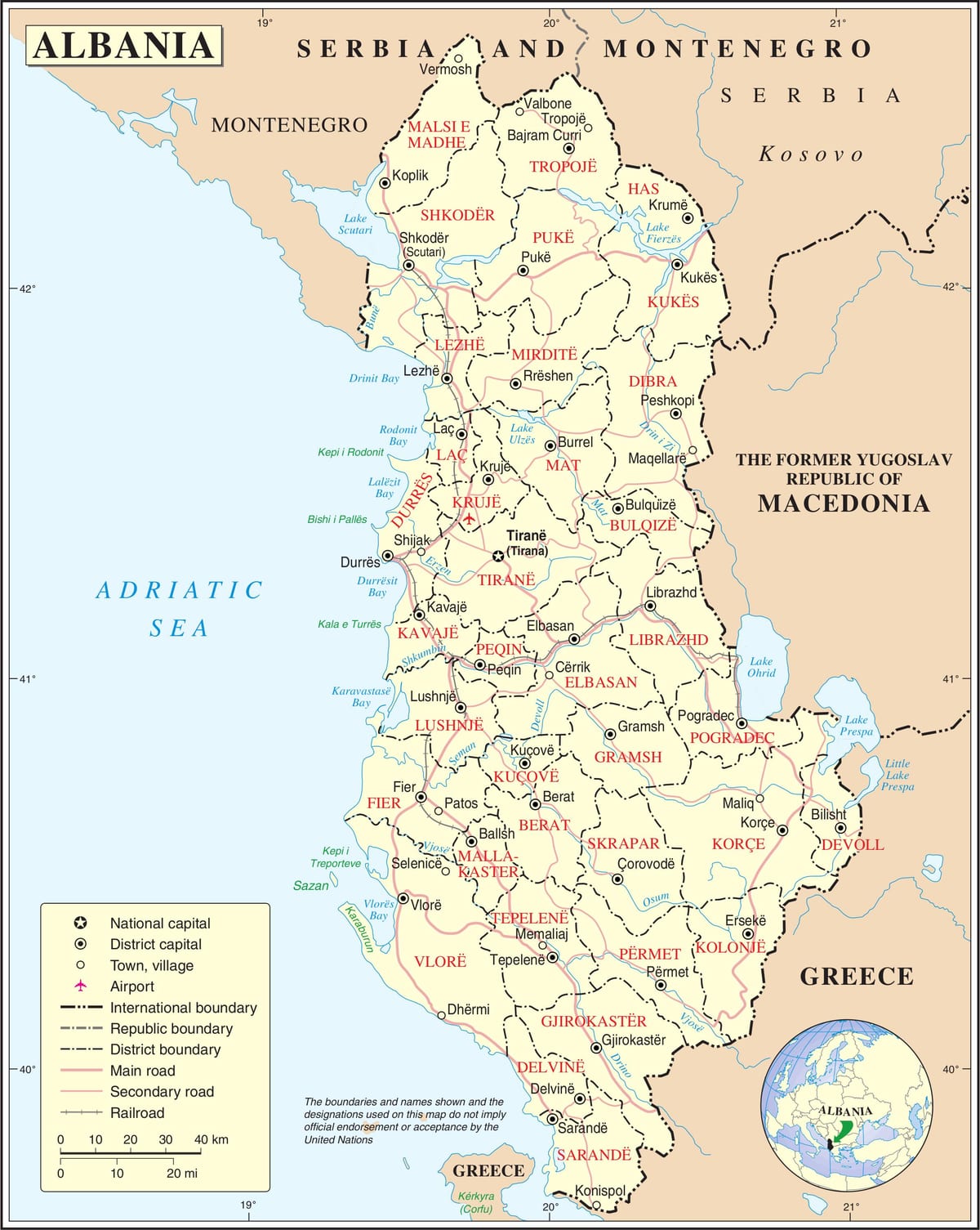 mapa Albánie s městy