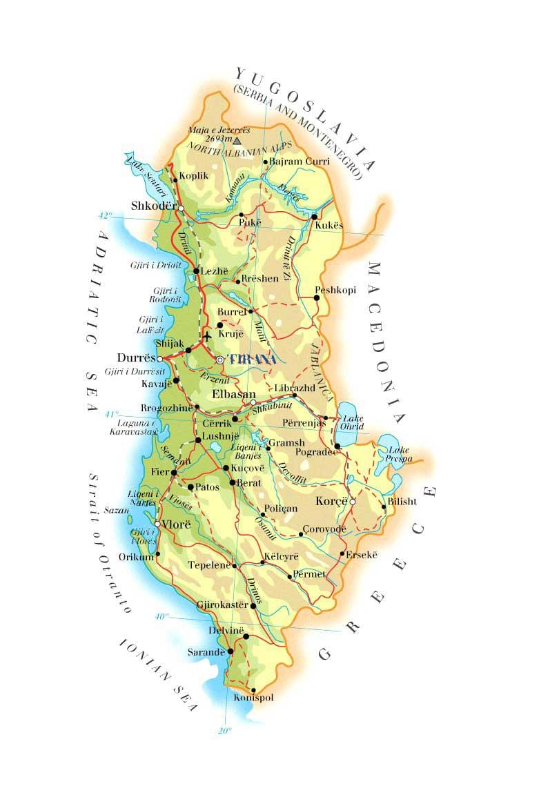 mapa fyzická mapa Albánie